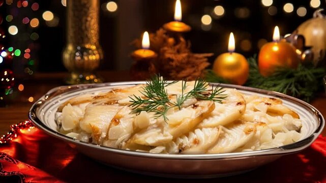 Christmas dinner table decorated with lit candles and christmas ornaments showing the traditional portuguese bacalhau de consoada dish, made with codfish, potatoes, garlic and olive oil