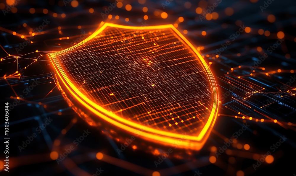 Aufkleber a glowing orange shield icon with a digital grid pattern on a dark background