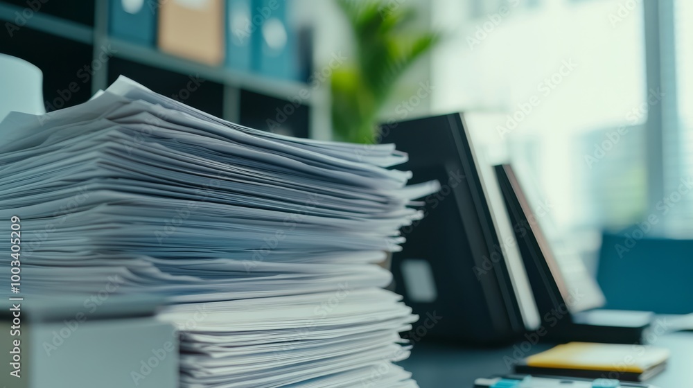 Poster a cluttered office desk with a large stack of papers and organized folders in the background, highli