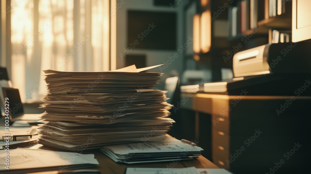 Poster a cluttered desk is filled with a large stack of documents, illuminated by warm sunlight filtering t