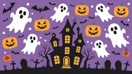 Halloween Night with Haunted House, Ghosts, Pumpkins and Bats.