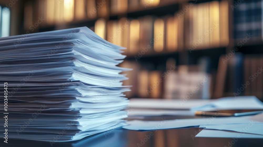 Poster a stack of papers sits on a desk, with a blurred library background, suggesting a studious environme