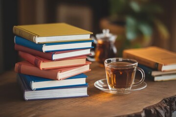 Tea and Books on Wooden Table.