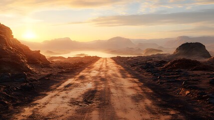 Fototapeta premium Sports and travel background. 3d illustration with cut of the ground and the desert road and the lake. 