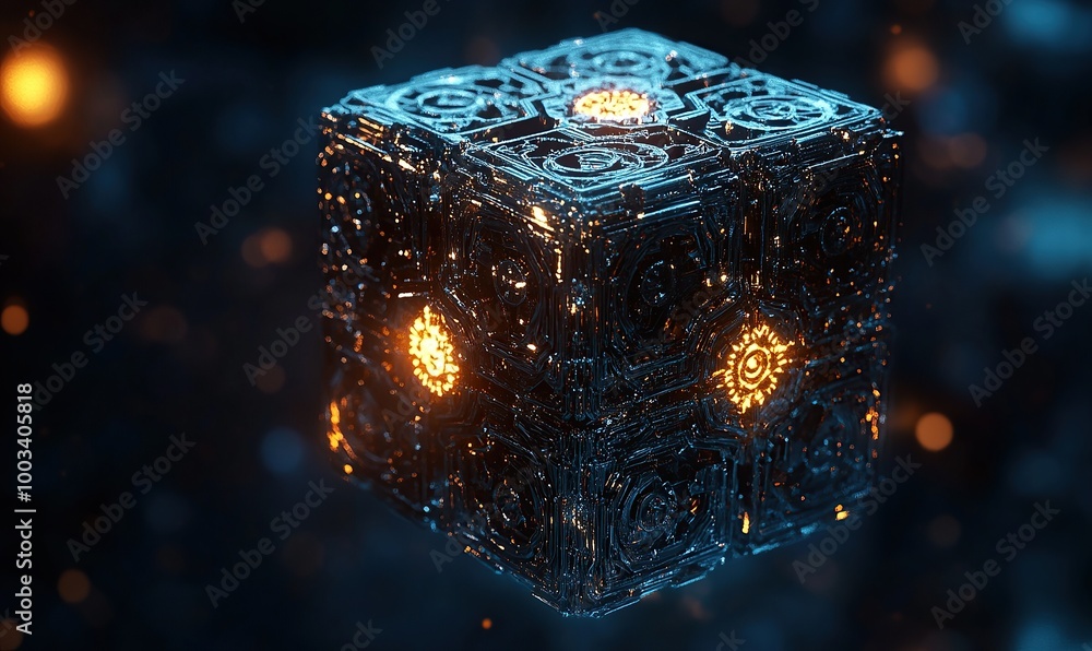 Poster a close-up of an isometric cube with various geometric shapes and fractal patterns on its surface