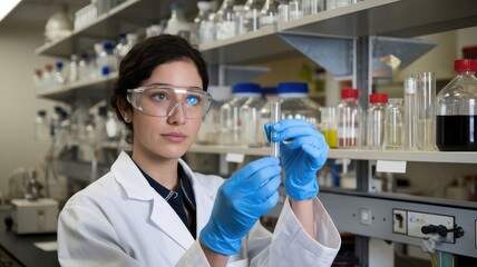 Fototapeta premium Female scientist examining a test tube in a laboratory.