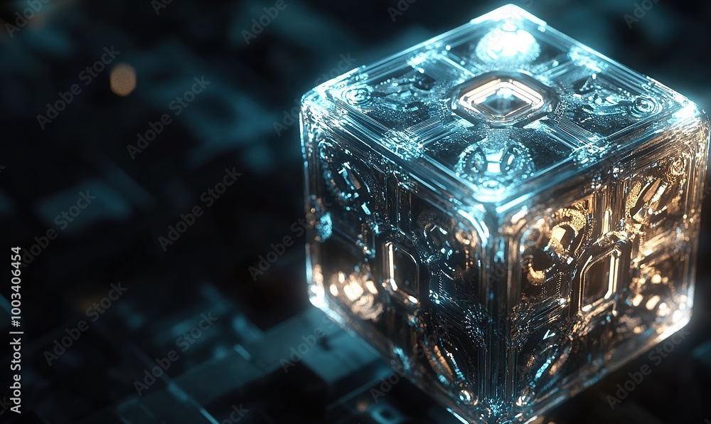 Poster a close-up of an isometric cube with various geometric shapes and fractal patterns on its surface