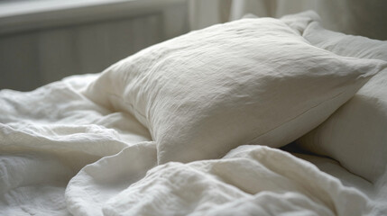 Obraz premium a close-up of a soft white pillow resting on off-white bed linens