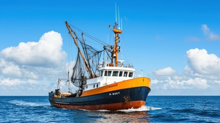 Commercial Fishing Boat with Net on Ocean Under Blue Sky with White Clouds