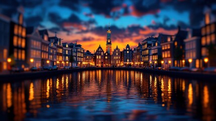 Fototapeta premium Dutch Canal Sunset with Historic Buildings and Reflections