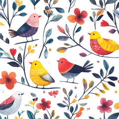 Whimsical illustration of cheerful birds and flowers with vibrant colors
