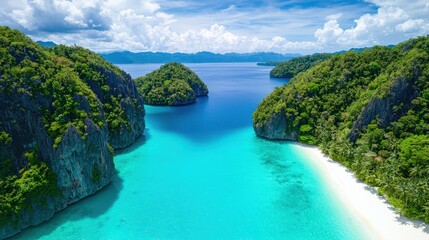 Tropical Island Paradise  Turquoise Lagoon  White Sand Beach  Lush Green Cliffs  Aerial Vi