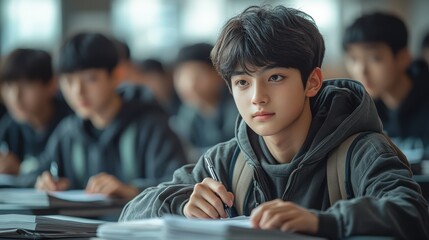 Concentrated Young Man Writing in Classroom