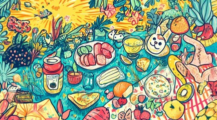Vibrant Picnic Scene With Fresh Food and Nature Elements