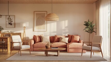 Modern living room interior design with orange sofa, wooden furniture and rug.