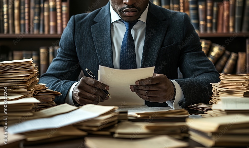 Wall mural a black lawyer is working on documents in his office