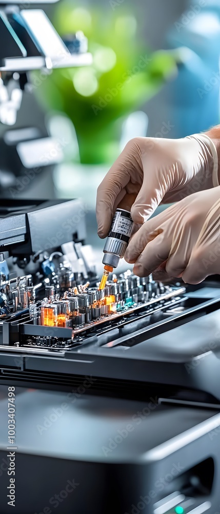 Poster scientist using pipette in lab.