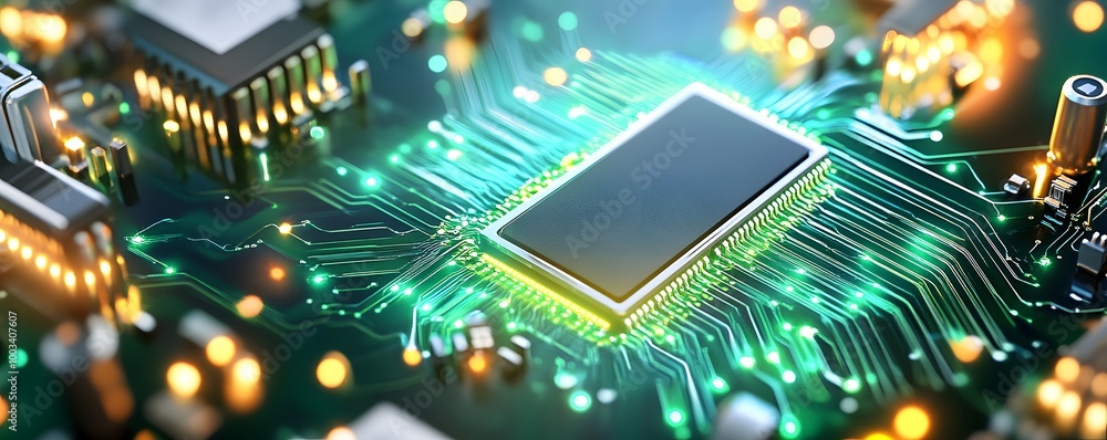 Poster closeup of a glowing circuit board with a cpu chip.