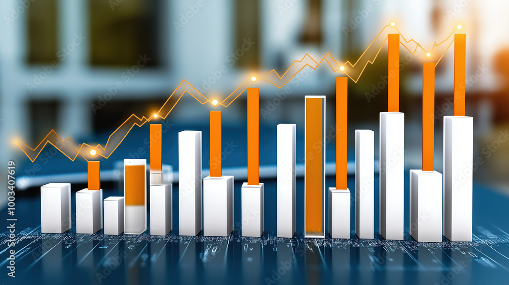 Poster futuristic 3d data visualization with glowing blue lines and stripes symbolizing growth and progress