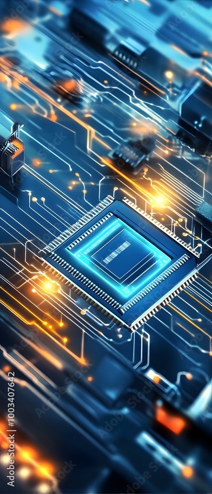 Poster futuristic technology circuit board with glowing processor.