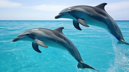 Two Dolphins Jumping in the Ocean  Aquatic Wildlife  Marine Life Photography