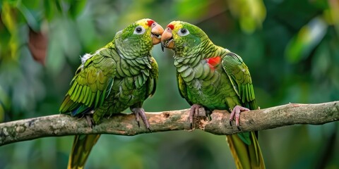 Obraz premium Two green parrots close together on a tree branch, displaying natural behaviors such as kissing and feeding in an outdoor environment.