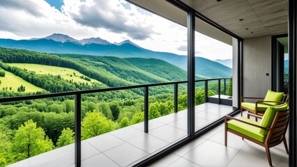 Fototapeta premium Balcony with Mountain and Forest View Featuring Panoramic Windows