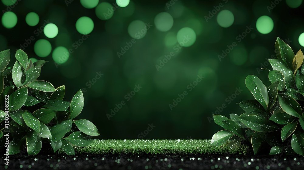 Poster lush green leaves with dewdrops and bokeh background for product display