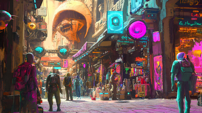 Bustling marketplace on an alien planet, filled with exotic alien species, bizarre goods, and vibrant colors, creating a sense of wonder and cultural diversity. Galactic Marketplace. Illustration