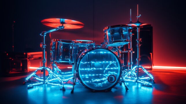 A drum set with neon lights in a dark room.