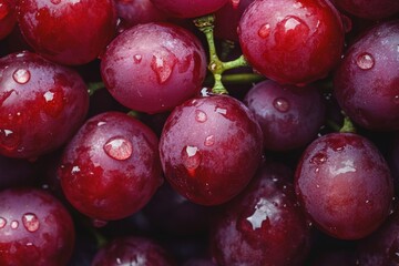 Freshly harvested red grapes with droplets showcasing their rich color and texture on a green vine in a natural setting
