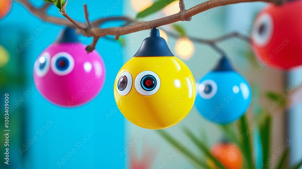 Poster Colorful round ornaments with googly eyes hang from a branch.