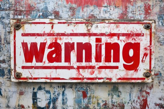 A weathered warning sign displayed prominently on a peeling wall, conveying caution in an industrial setting