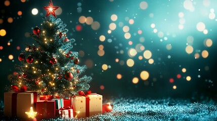 Decorated Christmas Tree with Presents and Lights