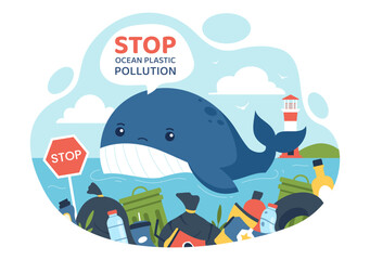 Stop Ocean Plastic Pollution Vector Illustration with Trash Under the Sea like a Waste Bags and Bottles, Harming the Ecosystem of Fish and Coral Reefs