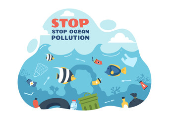 Stop Ocean Plastic Pollution Vector Illustration with Trash Under the Sea like a Waste Bags and Bottles, Harming the Ecosystem of Fish and Coral Reefs