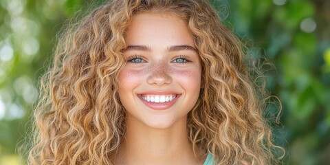 Fototapeta premium Portrait of a Beautiful Young Woman with Curly Blonde Hair and Freckles Smiling Outdoors