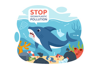 Stop Ocean Plastic Pollution Vector Illustration with Trash Under the Sea like a Waste Bags and Bottles, Harming the Ecosystem of Fish and Coral Reefs