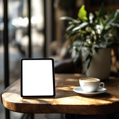 A Mockup of a blank tablet screen sitting on a wooden table in a coffee shop, with a cup of coffee beside , beautiful sunlight