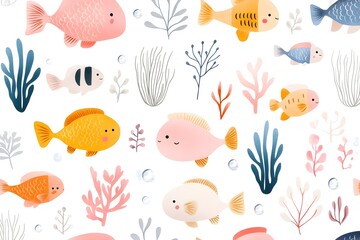 Underwater Seascape with Hand Drawn Coral and Pastel Fish in Seamless Pattern