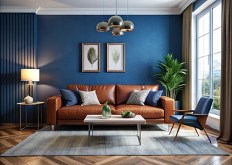 A cozy living room showcases dark blue walls, a brown sofa, and an elegant white coffee table, creating a warm and inviting atmosphere for relaxation.