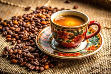 Fototapeta premium A cup of coffee rests on a saucer, surrounded by coffee beans, all beautifully arranged on a soft linen cloth, creating an inviting scene.