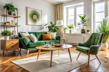 A cozy Scandinavian living room showcases a green armchair, a pristine white couch, a rustic wooden desk, and a chic round coffee table, perfect for relaxation.