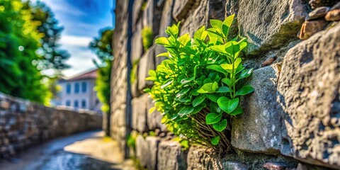A green plant flourishing through a stone wall in the city epitomizes resilience, showcasing nature's strength in overcoming challenging urban environments.