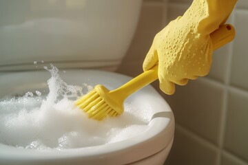 Hand in a yellow cleaning glove scrubbing toilet bowl with foam and bubbles in a well-lit bathroom setting