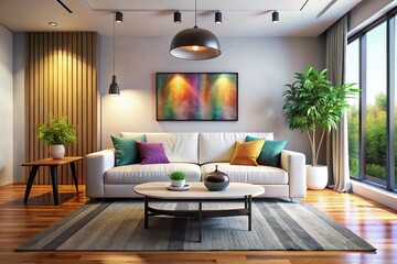 A modern minimalist living room showcasing a luxurious white sofa and a stylish black coffee table, creating a serene and sophisticated atmosphere for relaxation.