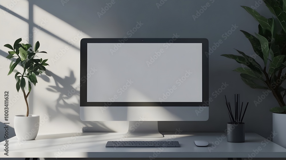 Poster 3d minimal desktop with blank screen mockup, empty screen for text, and logo replacement concept. 3d