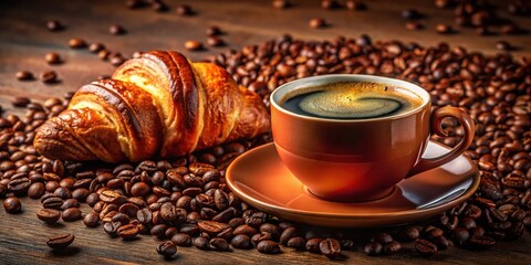 A refined 3D coffee cup accompanied by a croissant and scattered coffee beans, elegantly displayed against a pristine, minimalist backdrop for a sophisticated aesthetic.