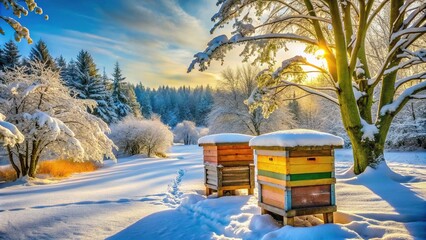 Naklejka premium A serene winter scene features a beehive in Germany, blanketed by snow and frost, nestled within a tranquil, picturesque landscape of nature.
