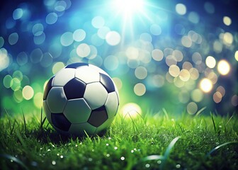 Naklejka premium A soccer ball rests on vibrant green grass, surrounded by enchanting bokeh lights that weave a dreamy atmosphere, blending nature and sport in perfect harmony.